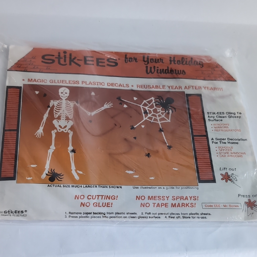 Vtg Stik-EES Vinyl Halloween Window Decals Clings MR. BONES Skeleton 1993 NIP